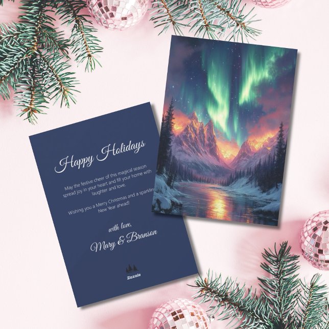 Elegant Script Träd Icke Foto Aurora Högtid Julkort (Northern Lights Holiday Christmas Card)