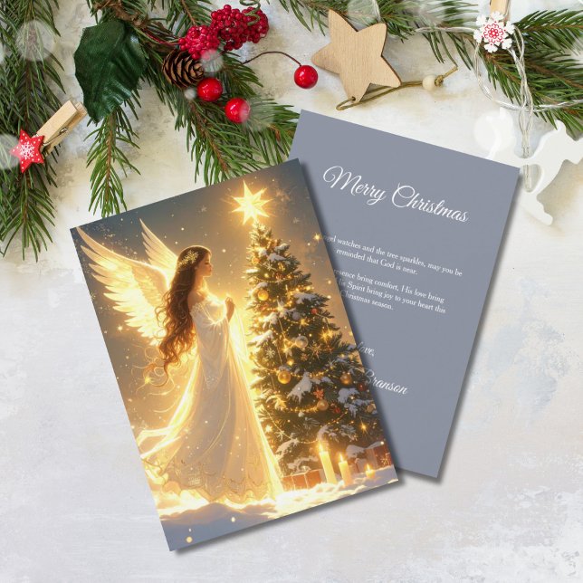 Elegant Script Träd Icke Foto Kristet Ängel  Julkort (Glowing Angel Christmas Tree Card)