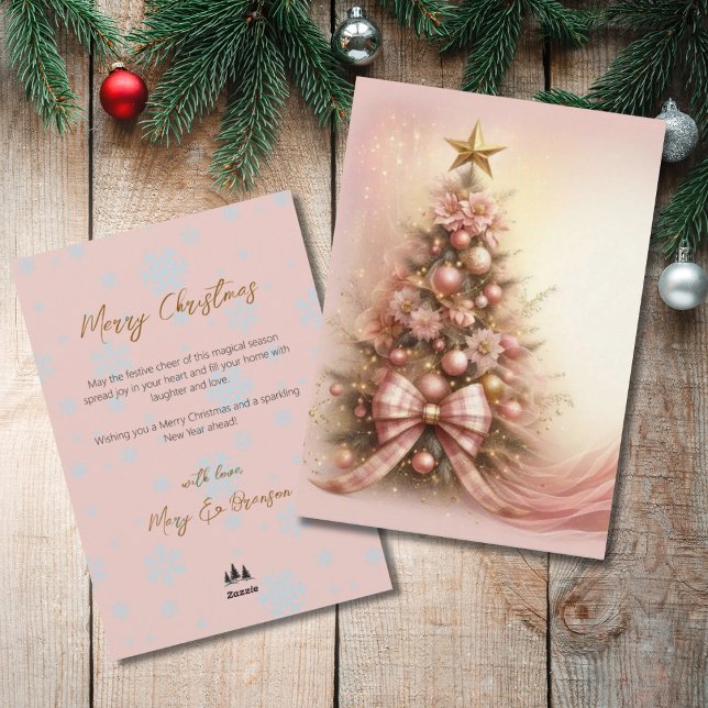 Elegant Script Träd Icke-Foto Vattenfärg Jul Julkort (Pink Watercolor Christmas Tree Card with Gold Accents)