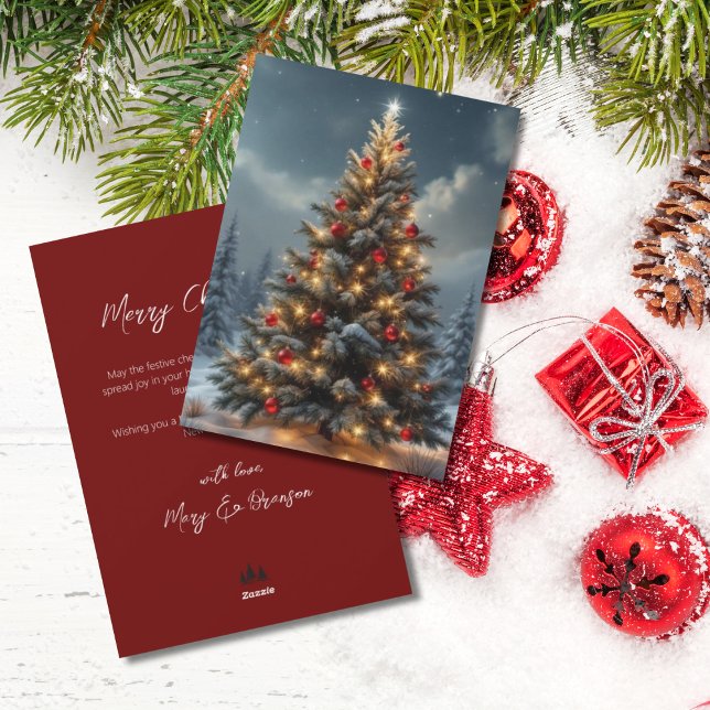 Elegant Script Tree Non Photo Red Christmas Julkort (Winter Christmas Tree with Red Ornaments)