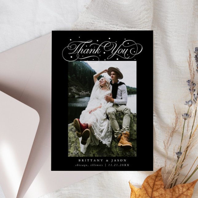 Elegant Script Typography Dots Wedding Photo Black Tack Kort (Skapare uppladdad)