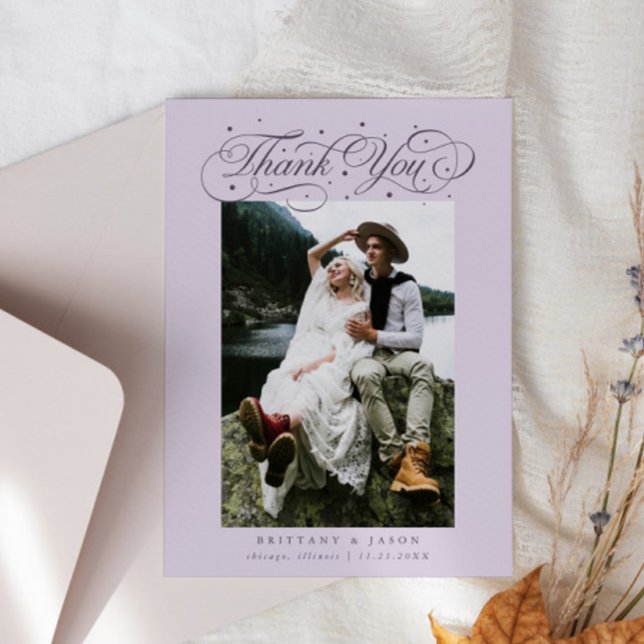 Elegant Script Typography Dots Wedding Purple Tack Kort (Skapare uppladdad)