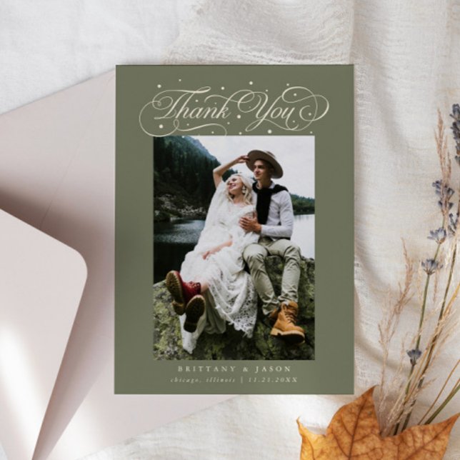 Elegant Script Typography Dots Wedding Sage Green Tack Kort (Skapare uppladdad)