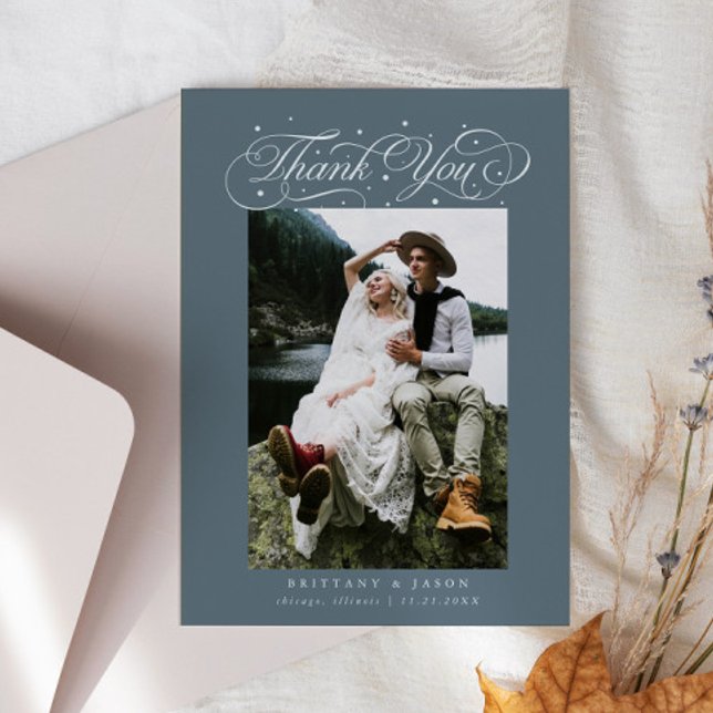 Elegant Script Typography Dots Wedding Slate Blue Tack Kort (Skapare uppladdad)