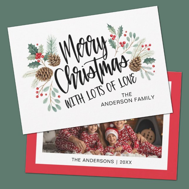 Elegant Script Typography Floral Merry Christmas Julkort (An elegant script typography holly photo Christmas card.)