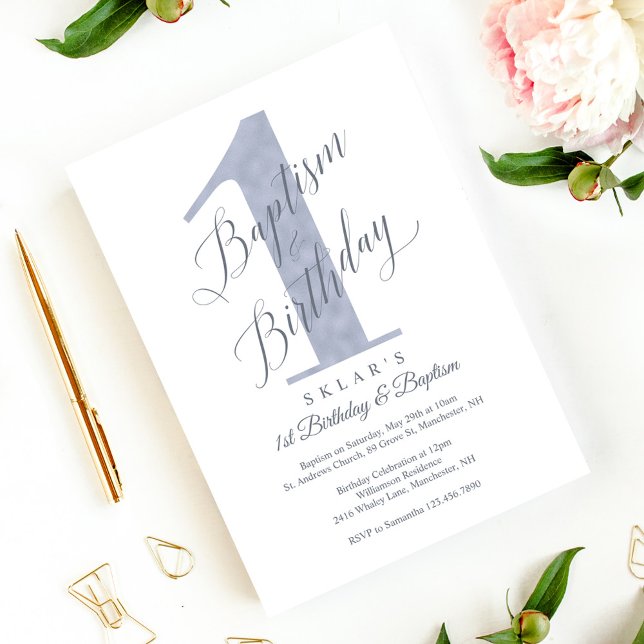 Elegant Script Violet Baby 1st Birthday Baptism Inbjudningar (Elegant Script Violet Baby's 1st Birthday Baptism Invitation)