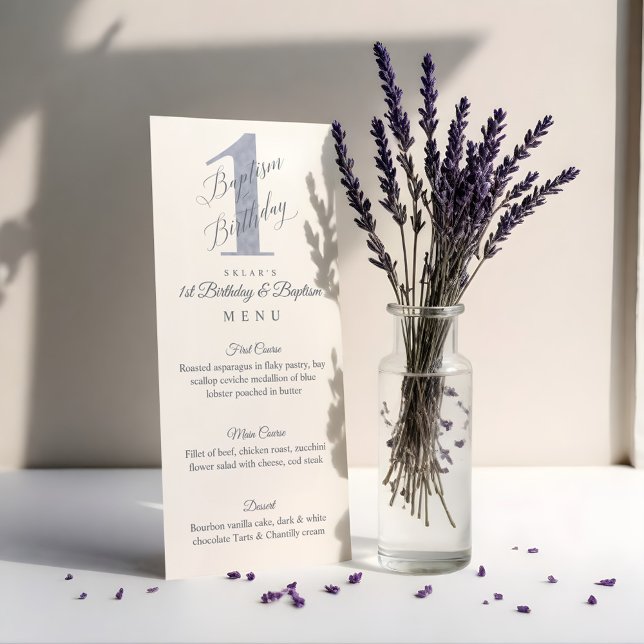 Elegant Script Violet Baby 1st Birthday Baptism Meny (Elegant Script Violet Baby's 1st Birthday Baptism Menu)