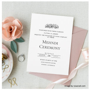 Elegant Script Vit Muslimsk Henna Mehndi Ceremoni Inbjudningar