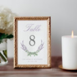Elegant Script Watercolor Lavender Bröllop Bordsnummer<br><div class="desc">bordsnummer i elegant och grönt bröllop med vattenfärgade lavendelstenar i en öppen krans. Rubriken "Bord" finns i lilac-skript. Anpassa med namn och bröllop-datumet.</div>