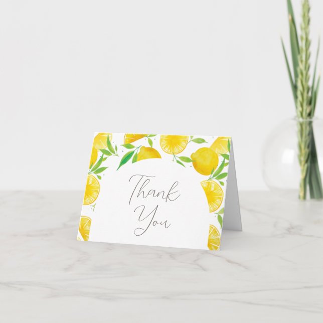 Elegant Script Watercolor Lemon Baby Shower Tack Kort (Framsida)