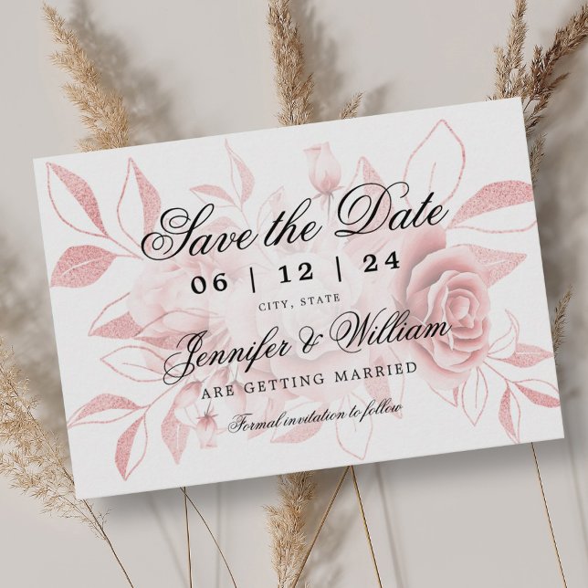 Elegant Script Wedding Blush Rose Gold Floral  Spara Datumet (Skapare uppladdad)