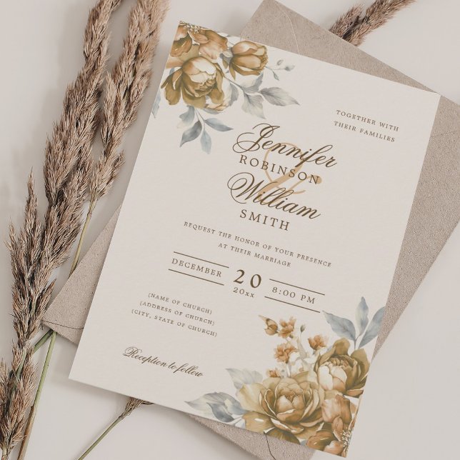 Elegant Script Wedding Gold Floral  Inbjudningar (Elegant Script Wedding Gold Floral Invitation)