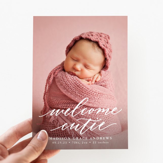 Elegant Script Welcome Cutie Photo Birth Meddelande (Skapare uppladdad)