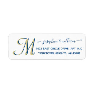 Elegant Script White Blue Anpassningsbar Monogram Returadress Etikett