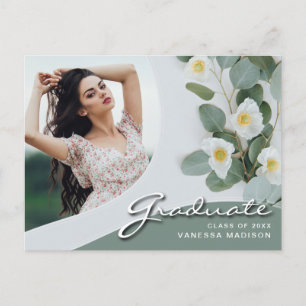 Elegant Script White Flowers Modern Photo Grad Vykort