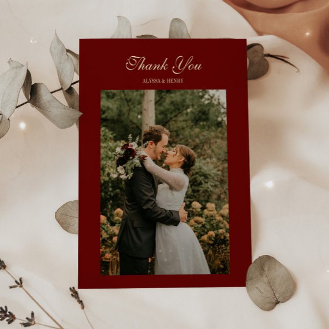 Elegant Script Wine Red Wedding Photo Tack Kort (Skapare uppladdad)