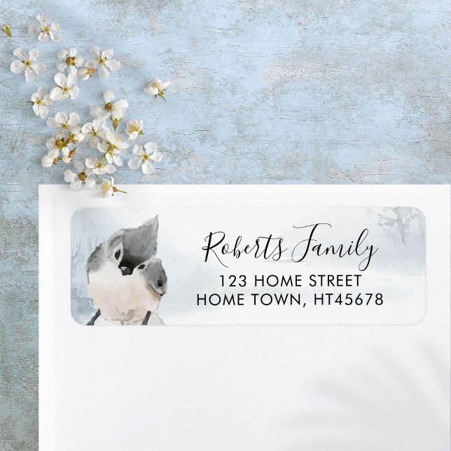 Elegant Script Winter Woodland Bird Adress Returadress Etikett (Elegant Script Winter Woodland Bird Address Label)