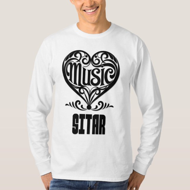 Elegant Scrolled Heart för Sitar Älskare T Shirt (Framsida)