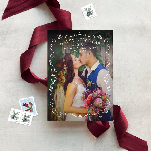 Elegant Scrolls Gott nytt år Burgundy Photo Julkort (Skapare uppladdad)