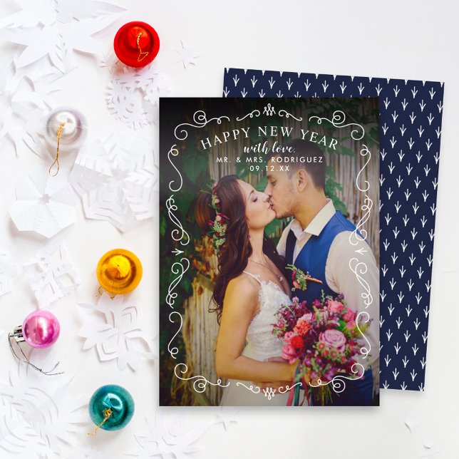 Elegant Scrolls Gott nytt år marinblått foto Julkort (Skapare uppladdad)