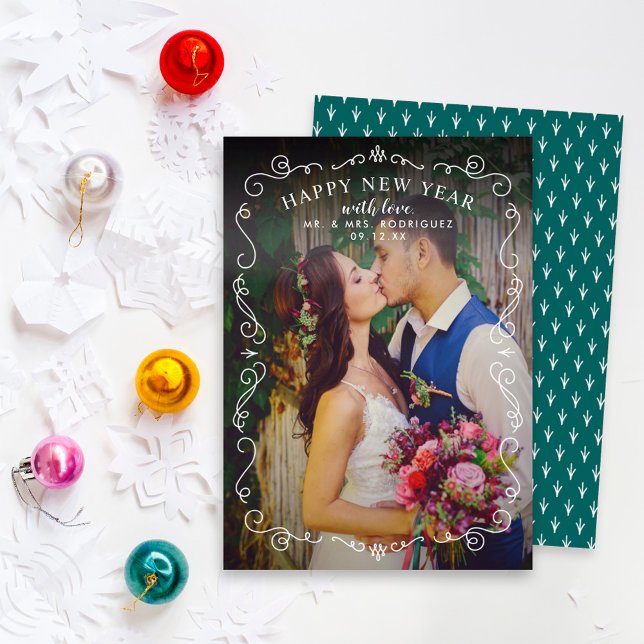 Elegant Scrolls Gott nytt år Teal Grönt Photo Julkort (Skapare uppladdad)