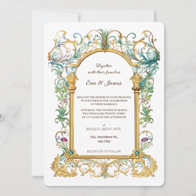 Elegant Scrollwork Floral Regal Botanical Wedding Inbjudningar (Framsida)