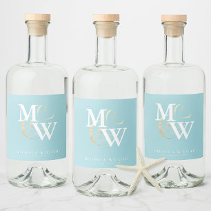 Elegant Sea Glass Teal White Monogram Bröllop Spritflaskor Etikett