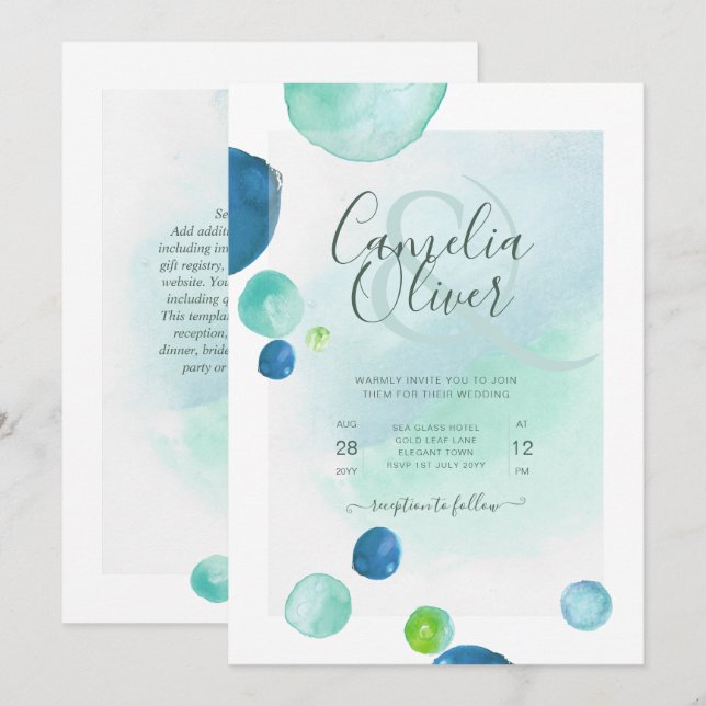 Elegant Sea Glass Watercolor Boho Bröllop Inbjudningar (Fram/baksida)