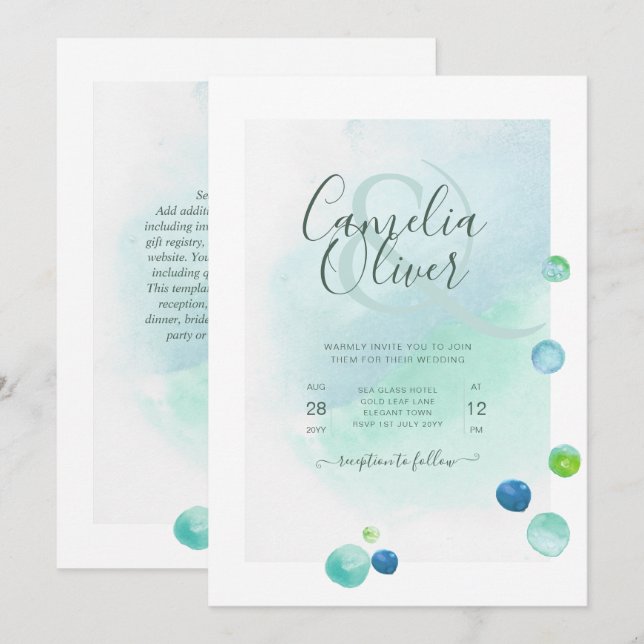 Elegant Sea Glass Watercolor Boho Bröllop Invati Inbjudningar (Fram/baksida)