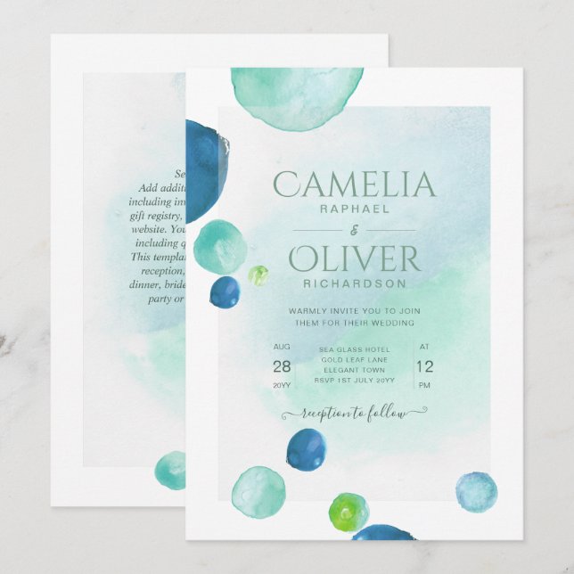 Elegant Sea Glass Watercolor Boho Bröllop Invati Inbjudningar (Fram/baksida)