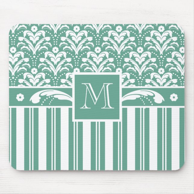 Elegant Sea Grönt Damask med Monogram Musmatta (Framsidan)