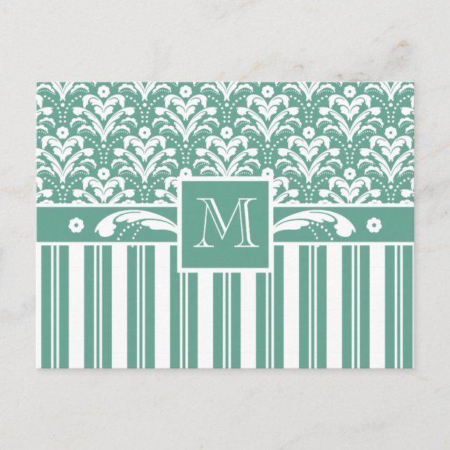 Elegant Sea Grönt Damask med Monogram Vykort (Framsida)