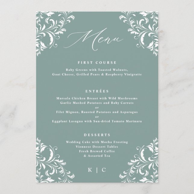 Elegant Sea Grönt Vintage bröllop Menus Meny (Framsida)