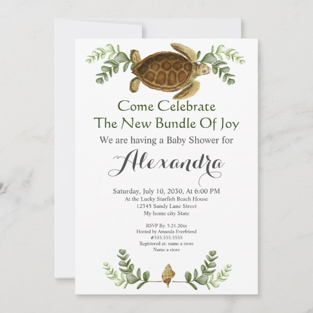 Elegant Sea Turtle Foliage Baby Shower-inbjudan (Framsida)