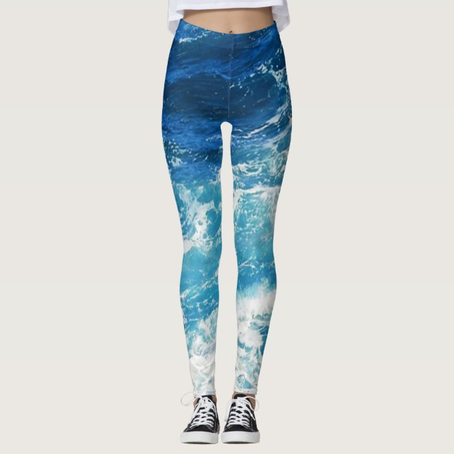Elegant Sea Vågar Blue Ocean Mönster Leggings (Framsida)