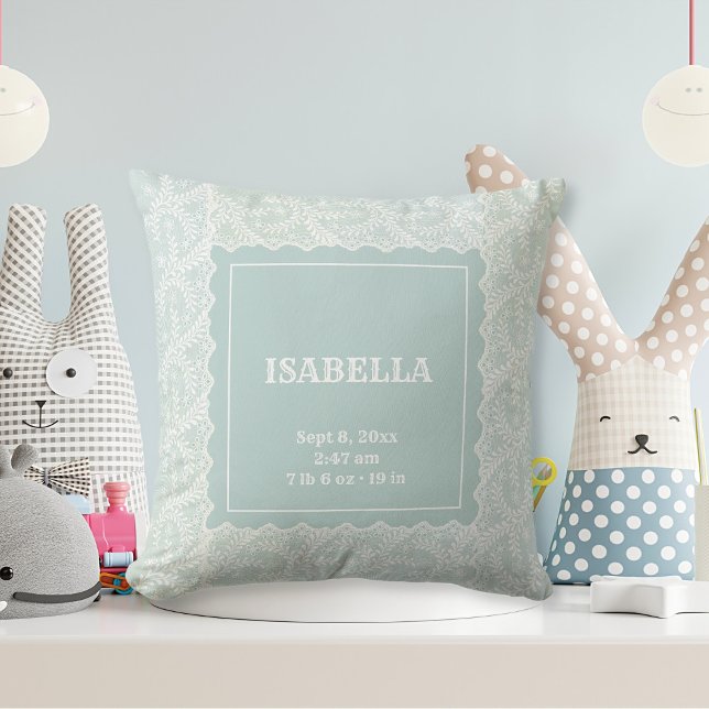 Elegant Seafoam Grönt Faux Snöre Boy Girl Nursery Kudde (newborn baby throw pillow with name and stats in seafoam green with lace)