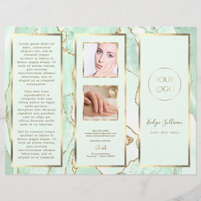 Elegant Seafoam Grönt och Guld Agate Brochure (Framsida)