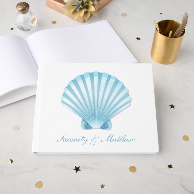 Elegant Seashell Blue Nautical Beach Wedding Gästböcker (Framsida Öppen)