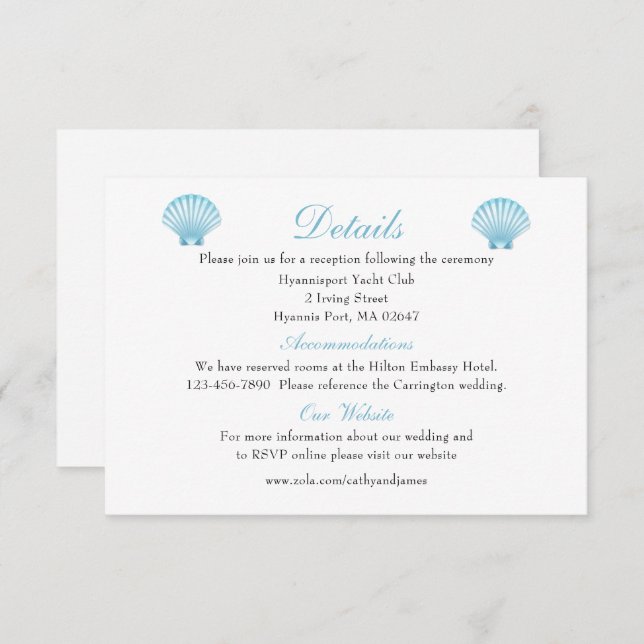 Elegant Seashell Bröllop Information Blue Beach Tilläggskort (Fram/baksida)