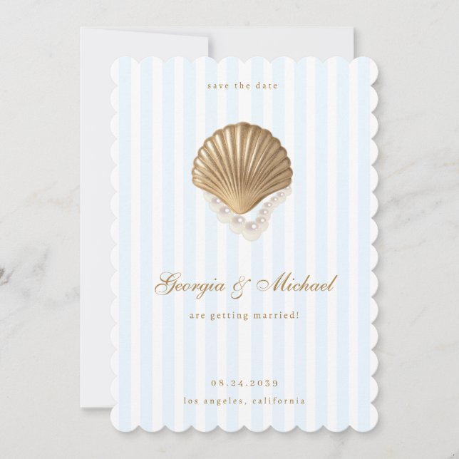 Elegant Seashell Gold & Blue Coastal Wedding Spara Datumet (Framsida)