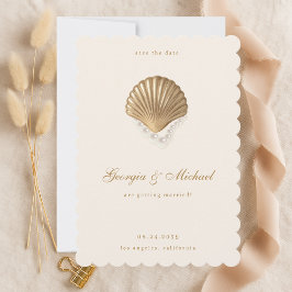 Elegant Seashell och Pearls Guld Kusten Bröllop Spara Datumet