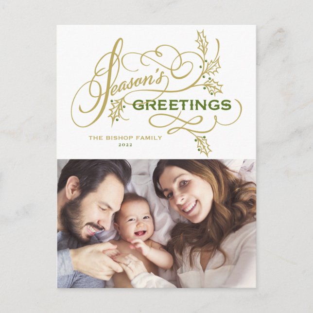 Elegant Season's Greetings Flourish Family Photo Helg Vykort (Framsida)