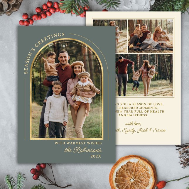 Elegant Seasons Greetings Gold Arch Green 4 Photo Julkort (Skapare uppladdad)