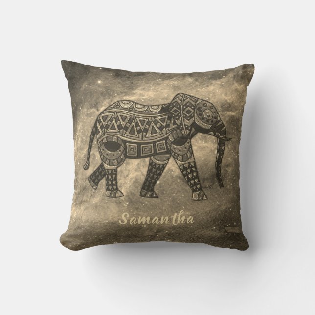 Elegant sepia och svart konstnärligt elefant kudde (Framsida)