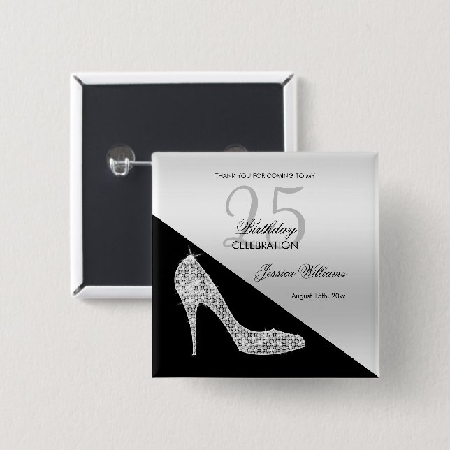 Elegant Sequin Stiletto, Silver & Black Birthday   Knapp (Framsida & baksida)