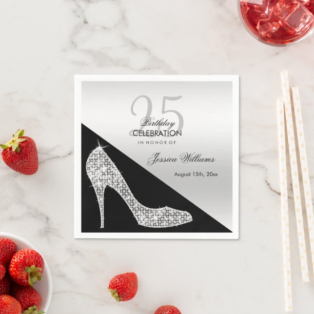 Elegant Sequin Stiletto, Silver & Black Birthday Pappersservett (Insitu)