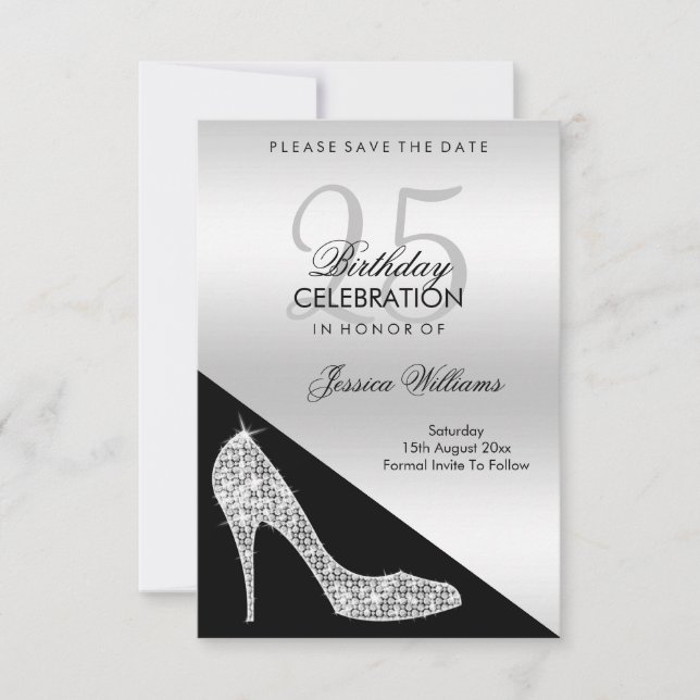 Elegant Sequin Stiletto, Silver & Black Birthday Spara Datumet (Framsida)