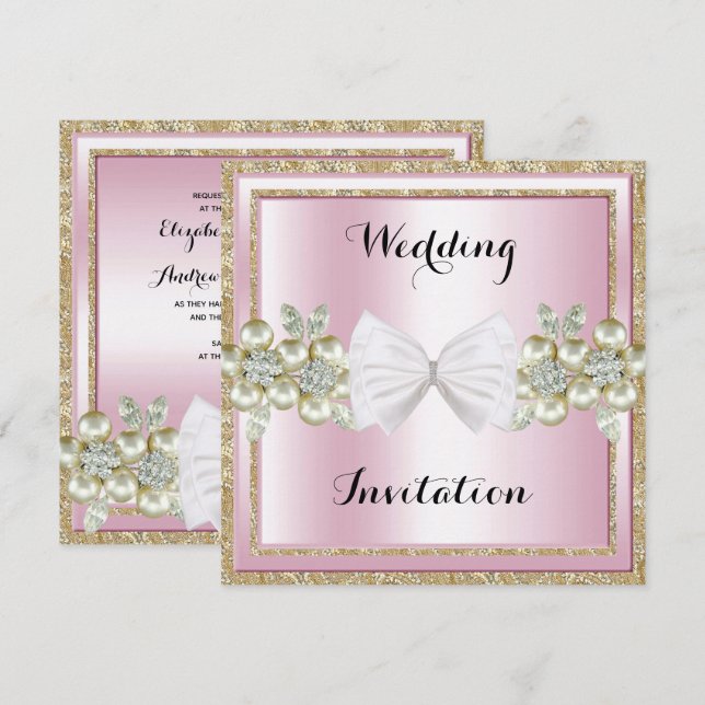 Elegant Sequins & Blommigt Gems Glitter Bow Bröllo Inbjudningar (Fram/baksida)