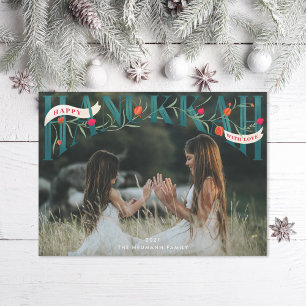 Elegant Serif Hand-Lettered Lycklig Hanukkah Photo Julkort