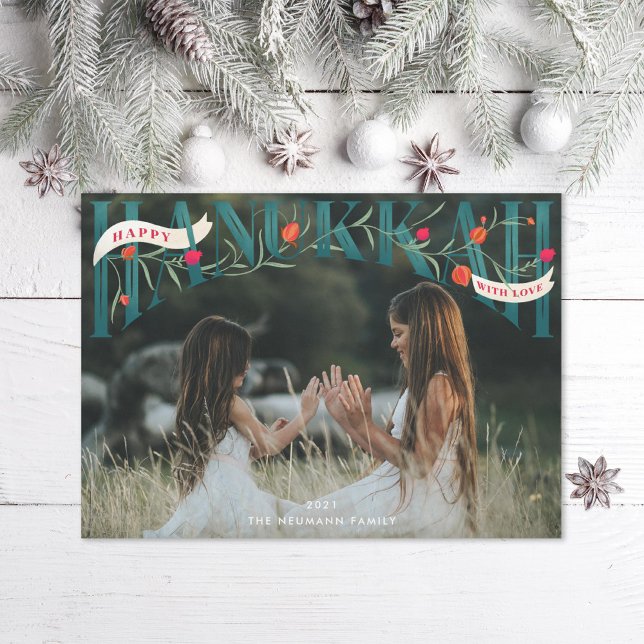 Elegant Serif Hand-Lettered Lycklig Hanukkah Photo Julkort (Skapare uppladdad)